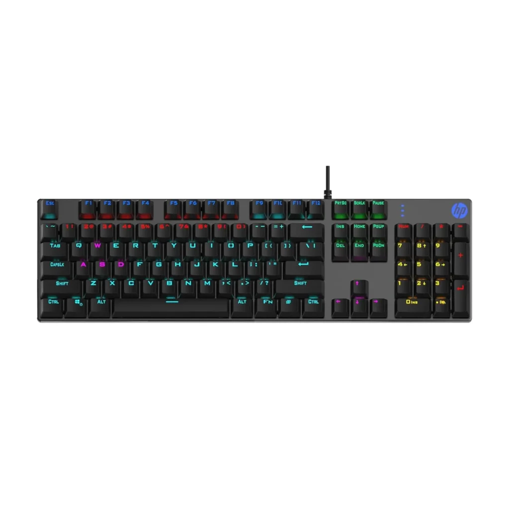HP GK400F Mechanical Gaming Keyboard with Metal Panel and Dust Resistance.