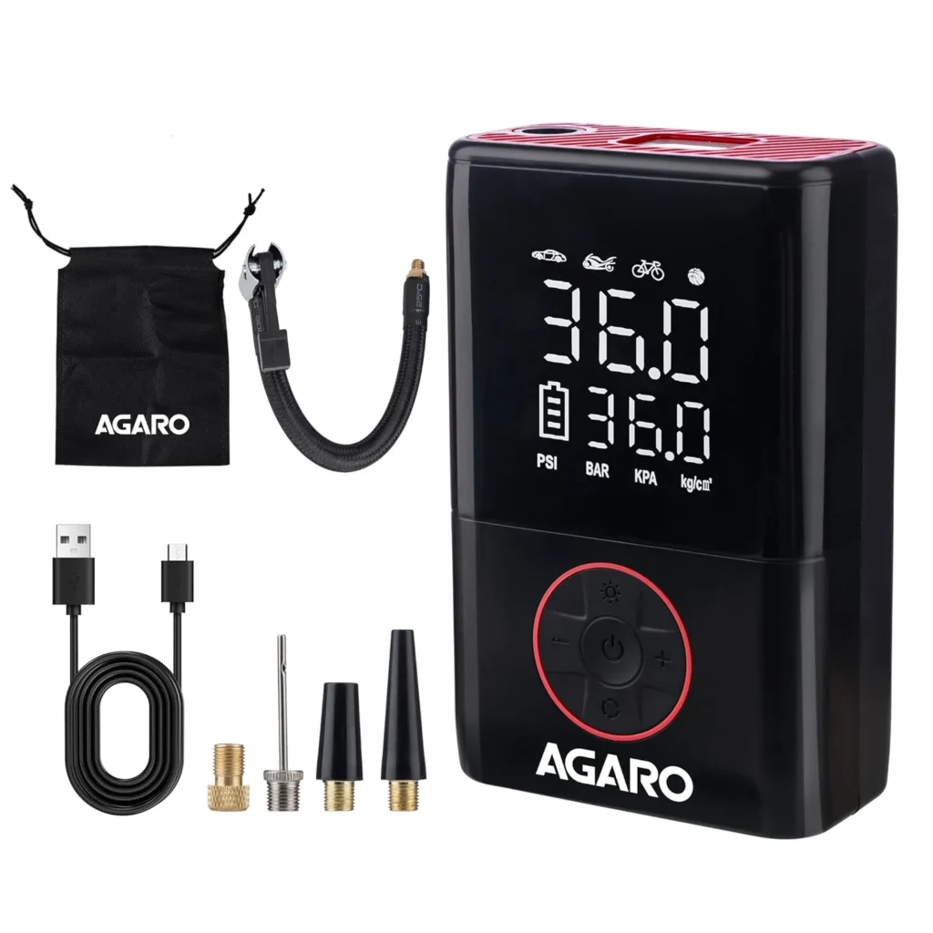 AGARO Regal portable tyre inflator with 18L/min airflow and LED light for night use