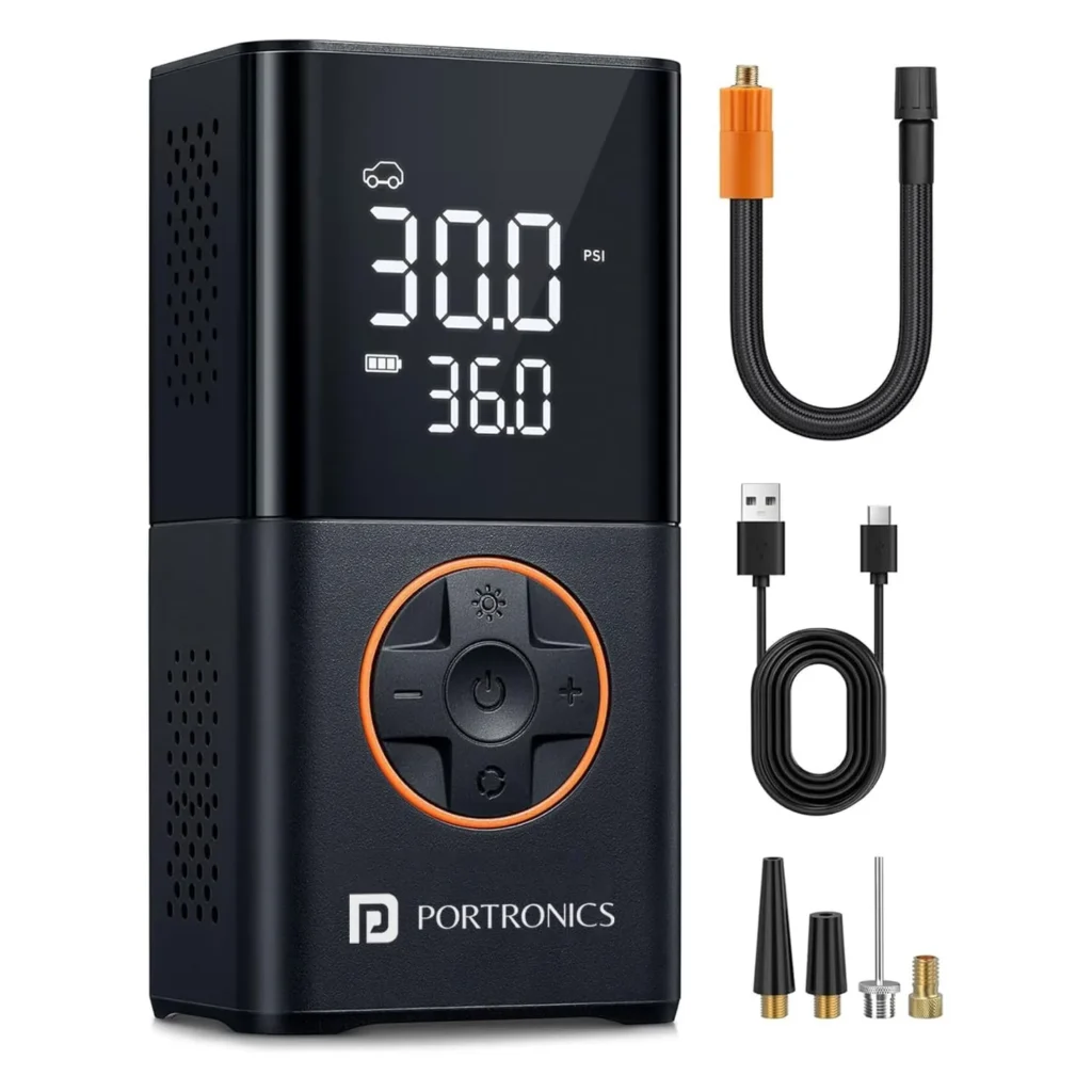 Amazon Basics 12V DC portable tyre inflator with carrying case and 150 PSI analog-digital display