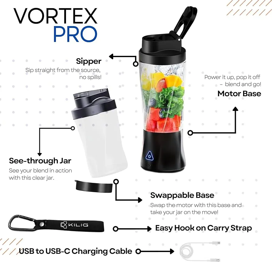 KILIG Vortex Pro 360W portable blender 700ml 22000 RPM USB-C India ice crushing