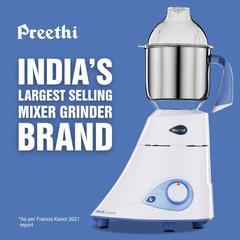 Preethi Blue Leaf Diamond 750W mixer grinder
        India 2026 induction motor 3 jars 5 year
        warranty best overall South Indian cooking