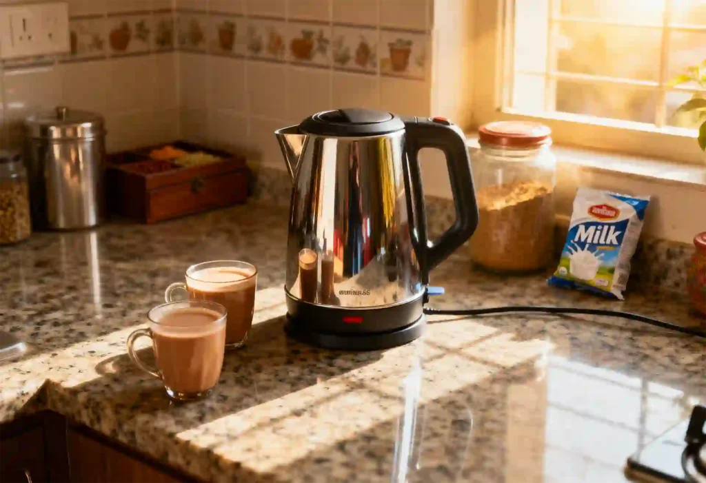 Best electric kettle in India 2026. 5 picks tested for 4 weeks for Indian daily chai, hard water conditions, and family use.