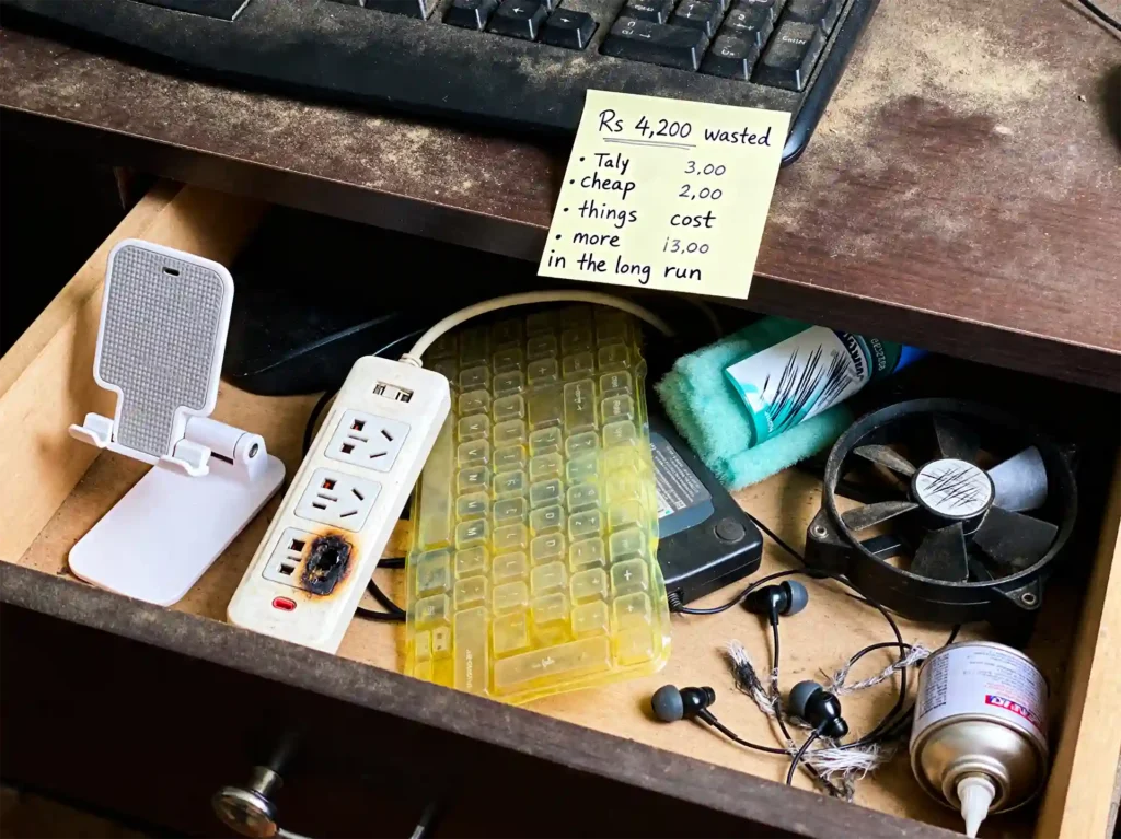 drawer full useless cheap gadgets India
under 500 rupees broken phone stand USB hub
keyboard cover Rs 4200 wasted problem image
best gadgets under 2000 India 2026