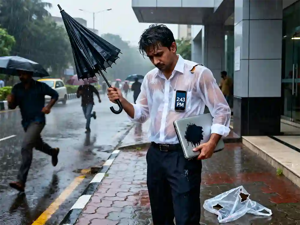 This is what a Rs 299 raincoat from a station vendor looks like by 2:40 PM on a Mumbai monsoon afternoon. Wet shirt. Wet bag. Inverted umbrella. The best raincoat for men in India 2026, in this guide, costs Rs 799 and prevents exactly this.