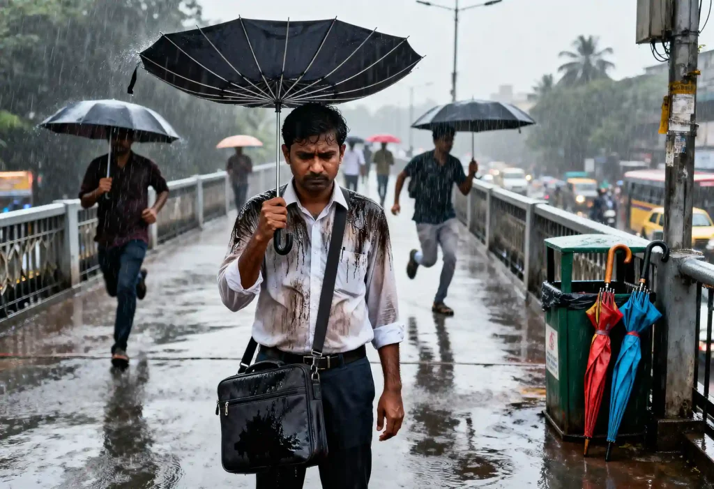 Umbrella inverted inside out broken spokes
man soaked Mumbai monsoon rain wet laptop bag
cheap Rs 180 steel rib umbrella failed wind
problem image best umbrella India 2026