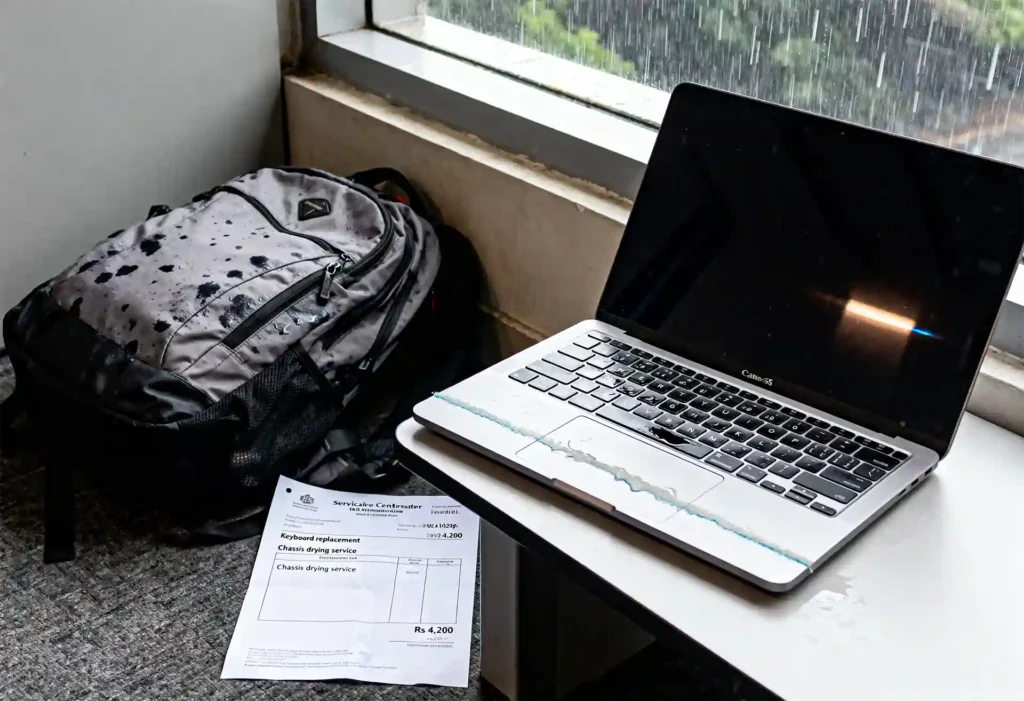 Wet laptop water damage Mumbai rain
keyboard tide mark Rs 4200 repair bill
non waterproof bag failed India monsoon
problem image 2026