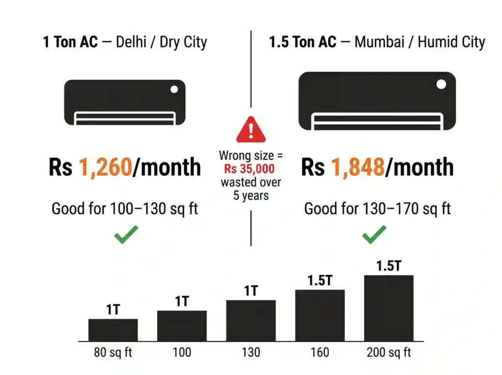 1 ton vs 1.5 ton AC comparison India 2026 electricity bill Rs 1260 vs Rs 1848 per month room size chart 100 sq ft 130 sq ft 160 sq ft Mumbai vs Delhi which AC tonnage honest guide