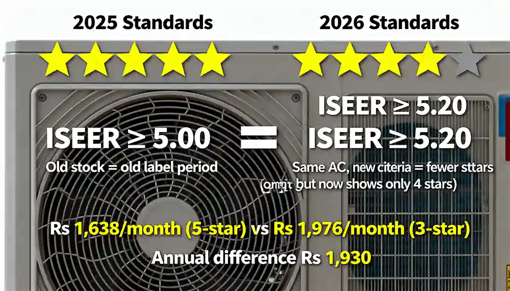 BEE star rating 2025 vs 2026 comparison old 5-star ISEER 5.00 vs new 5-star ISEER 5.20 India electricity bill difference 3-star vs 5-star Rs 1930 annual saving