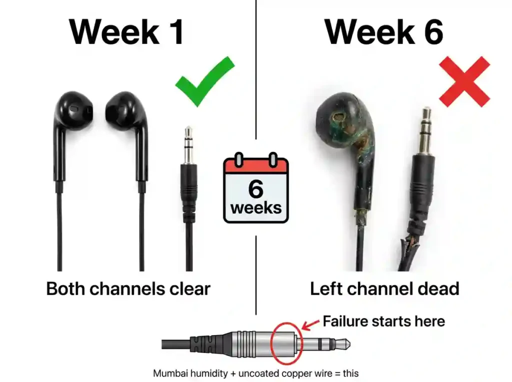 cheap earphone left channel failure India humidity corrosion 2026
earphone 3.5mm jack strain relief failure point diagram
why earphones stop working India Mumbai monsoon humidity
budget earphone durability problem India bestbudgetpicks