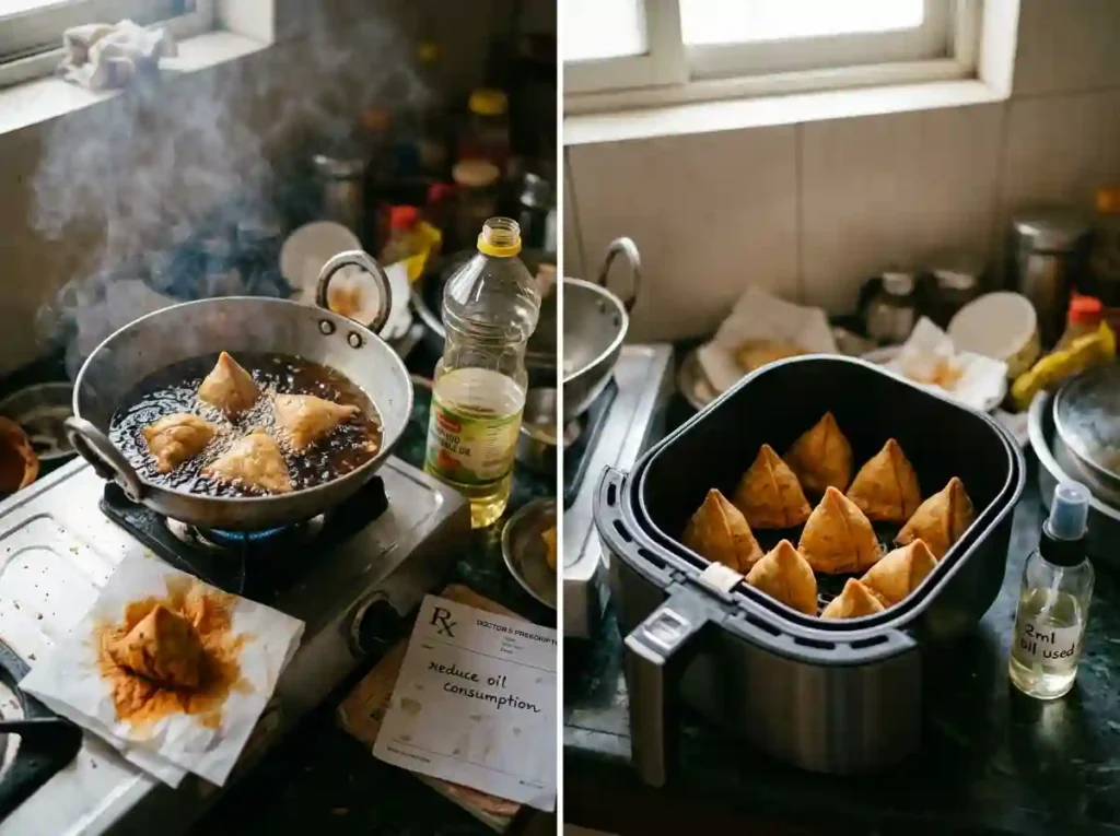 deep frying samosas oil kadai India smoke health
problem vs air fryer under 3000 India 2026 solution
Rs 800 oil per month doctor less oil BestBudgetPicks
