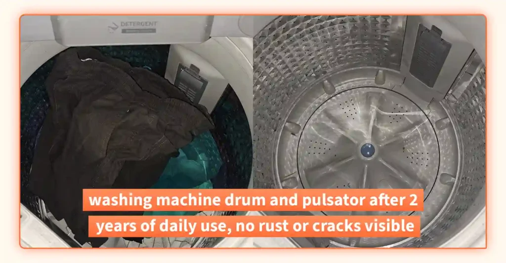 Samsung WA70BG4441BYTL washing machine drum and pulsator after 2 years of daily use, no rust or cracks visible