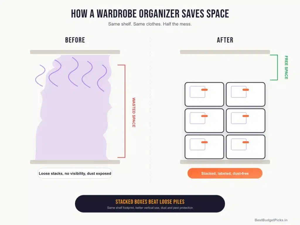 wardrobe organizer space saving diagram before after India 2026 BestBudgetPicks